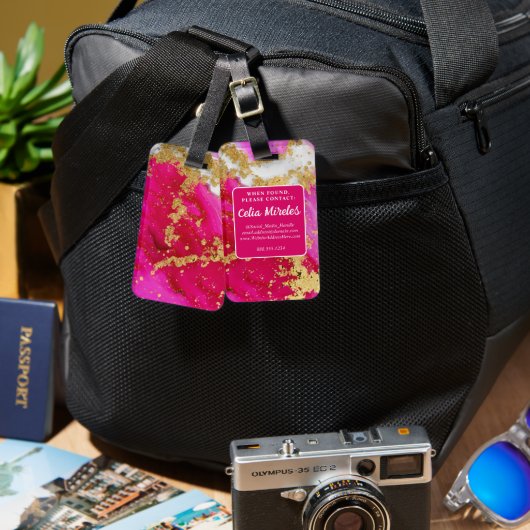 Vet Hot Roze Rood Marmer Wit Faux Gold Flakes Bagagelabel (Voorkant /achterkant)