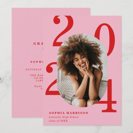 Vet Jaar Rood Roze Ovaal Foto Lijst Afstuderen Kaart (Voorkant / Achterkant)