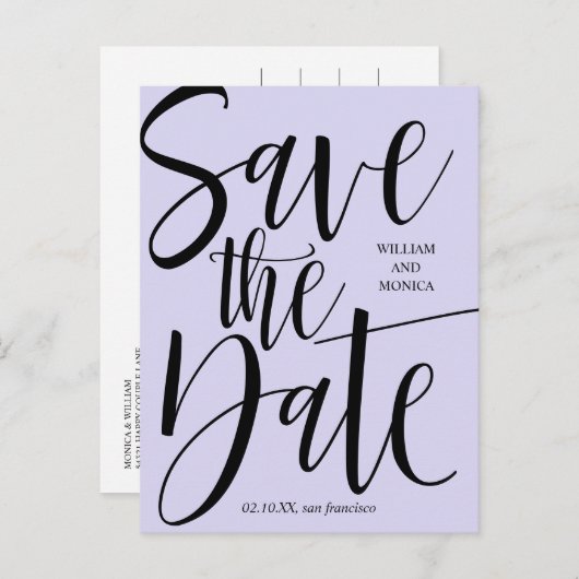 Vet kalligrafie | Zwarte violet moderne bruiloft Aankondigingskaart (Voorkant / Achterkant)