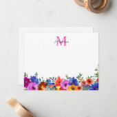 Vet Kleur Magenta Roze Bloemen Monogram Script Notitiekaartje (Voorkant / Achterkant in situ)