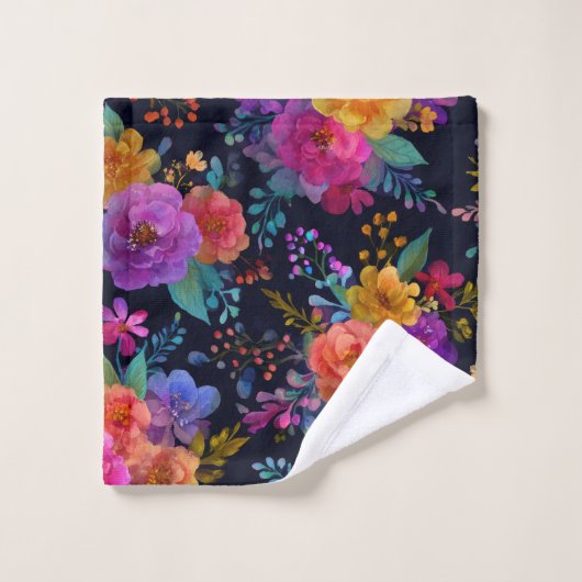 Vet Kleurrijke Bloemen Op Zwarte  Bloemen Bad Handdoek (Wasdoekje)