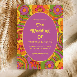 Vet Kleurrijke Bloemen Retro 70s Huwelijk Hippie Kaart