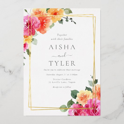 Vet Kleurrijke Bloemen Trouwgoud Folie Uitnodiging (Voorkant)