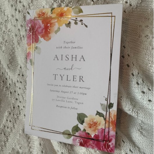 Vet Kleurrijke Bloemen Trouwgoud Folie Uitnodiging