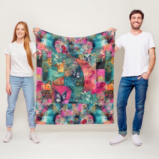 Vet Kleurrijke Boho Bloemen Patchwork Patchwork Pa Fleece Deken (In situ)