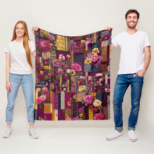 Vet Kleurrijke Boho Bloemen Patchwork Patchwork Pa Fleece Deken (In situ)
