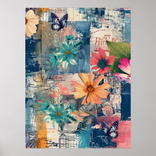 Vet Kleurrijke Boho Floral Butterfly Abstracte Kun Poster (Voorkant)