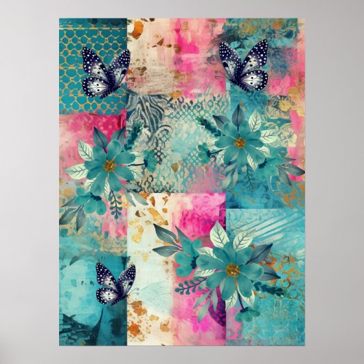 Vet Kleurrijke Boho Floral Butterfly Abstracte Kun Poster (Voorkant)