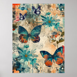 Vet Kleurrijke Boho Floral Butterfly Abstracte Kun Poster