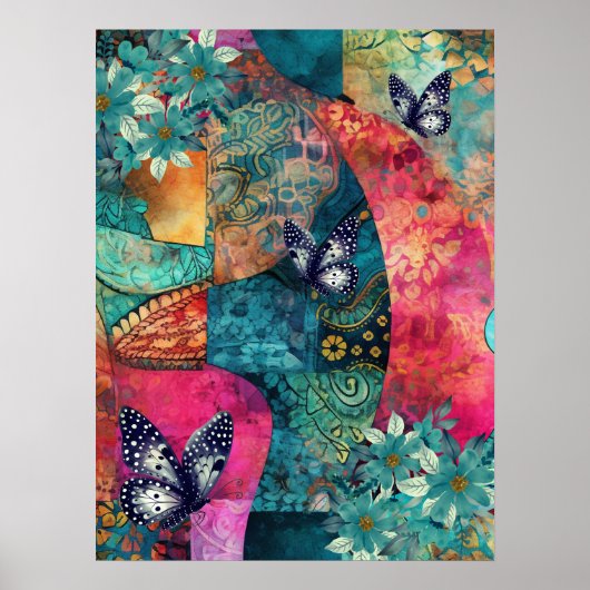 Vet Kleurrijke Boho Floral Butterfly Abstracte Kun Poster (Voorkant)