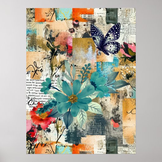 Vet Kleurrijke Boho Floral Butterfly Abstracte Kun Poster (Voorkant)