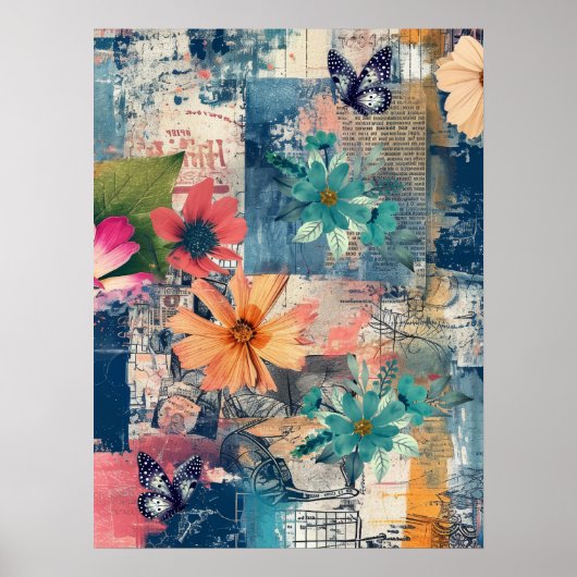 Vet Kleurrijke Boho Floral Butterfly Abstracte Kun Poster (Voorkant)