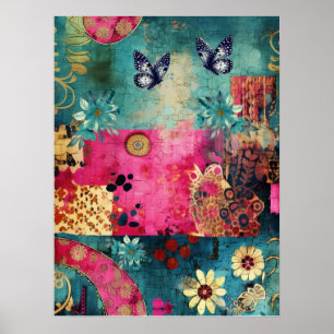 Vet Kleurrijke Boho Floral Butterfly Abstracte Kun Poster