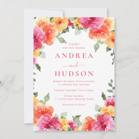 Vet Kleurrijke Levendige Lente Zomer Bloemen Huwel Kaart (Voorkant)