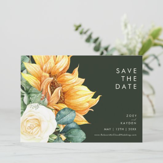 Vet land Zonnebloem | Donkergroen horizontaal Save The Date (Staand voorkant)