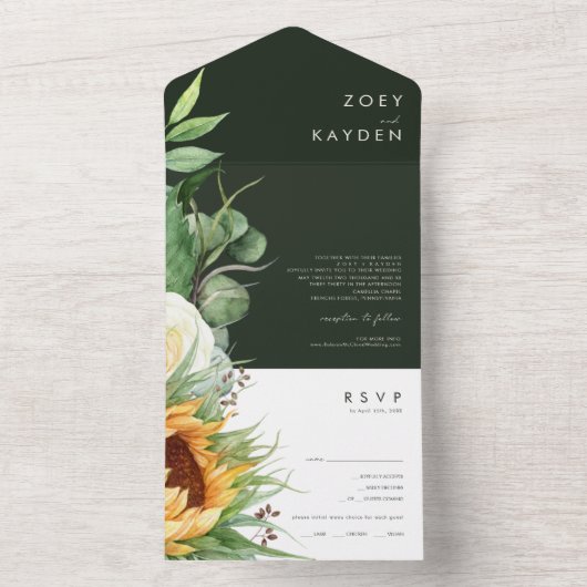 Vet land Zonnebloem | Donkergroen zegel en verzend All In One Uitnodiging (Binnen)