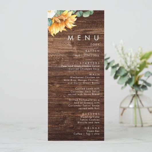 Vet land Zonnebloem | Menu Hout Weddenschap (Staand voorkant)