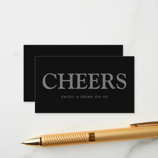 Vet lettertype "Cheers" Gratis Drink Ticket Informatiekaartje (Voorkant / Achterkant in situ)