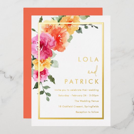 Vet Levendig Kleurrijk Bloemen Trouwgoud Folie Uitnodiging (Voorkant / Achterkant)