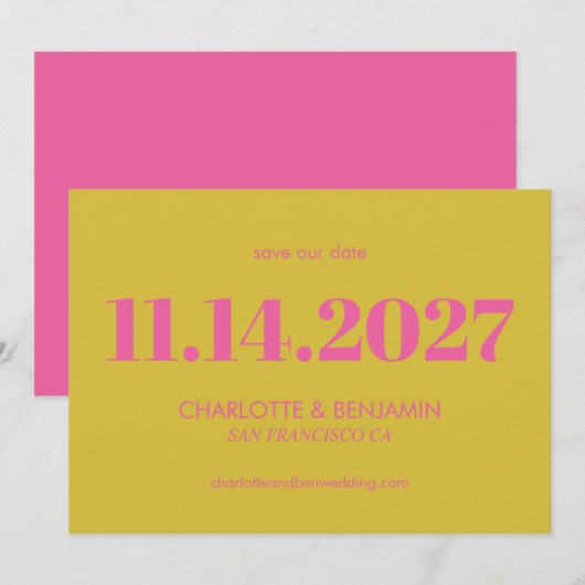 Vet licht roze en gele typografie Modern Save The Date (Voorkant / Achterkant)