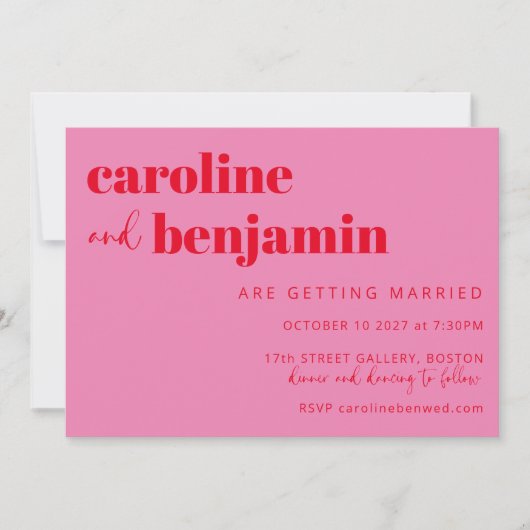 Vet, licht roze en roodroos modern huwelijk kaart (Voorkant)