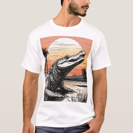 Vet lijntekening: Alligator Silhouet bij zonsonder T-shirt