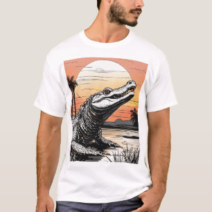Vet lijntekening: Alligator Silhouet bij zonsonder T-shirt