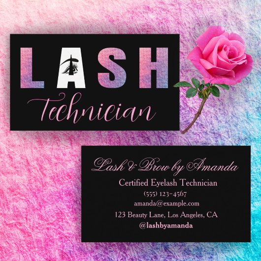 Vet Lila Roze Lash Tech Design Zwart Achtergrond Visitekaartje
