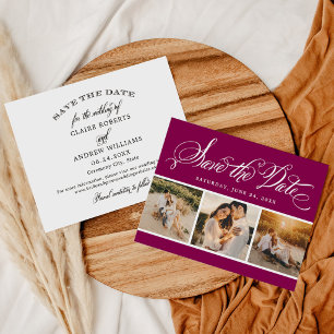 Vet Magenta Kalligrafie Drie Foto Huwelijk Save The Date