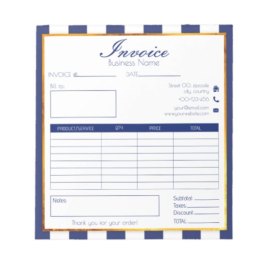 Vet Marineblauw Goud Easy Small Business Factuur Notitieblok (Voorkant)