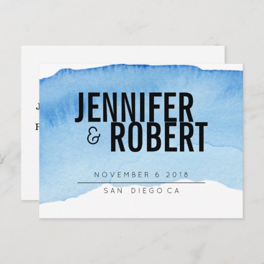 Vet Minimal BLUE waterverf BLACK SAVE THE DATE Aankondigingskaart (Voorkant / Achterkant)