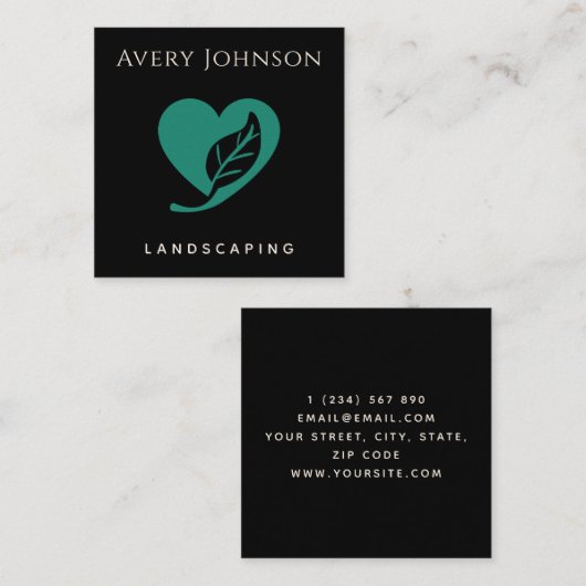 Vet & Minimal Green Leaf Heart Landscaping Lawn Vierkante Visitekaartje (Voorkant / Achterkant)