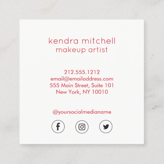 Vet minimalistisch rode lippen Logo make-up arties Vierkante Visitekaartje (Achterkant)