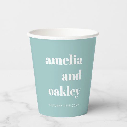 Vet Minimalistische Aqua Blue Retro Custom Wedding Papieren Bekers (Voorkant)