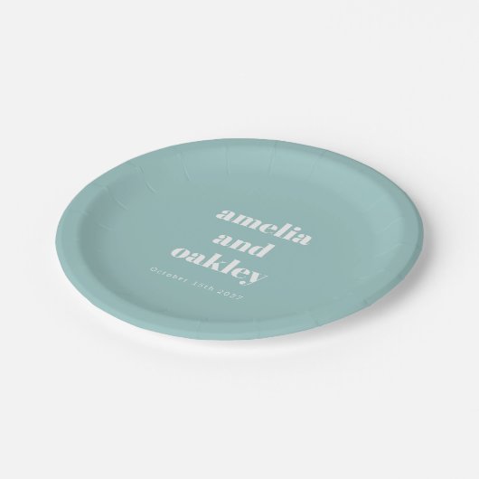 Vet Minimalistische Aqua Blue Retro Custom Wedding Papieren Bordje (Gekanteld)