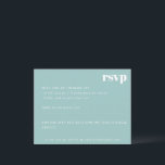 Vet Minimalistische Aqua Blue Retro Custom Wedding RSVP Kaartje<br><div class="desc">Maak RSVP reacties moeiteloos met deze stijlvolle bruiloft RSVP kaart. Ontworpen met een serene aquablauwe achtergrond en heldere witte typografie, biedt deze elegante antwoordkaart een eenvoudige en moderne manier voor gasten om hun aanwezigheid te bevestigen. Met selectievakjes voor aanwezigheid, ruimte voor gastennamen en een gedeelte voor dieetbeperkingen, houdt dit ontwerp...</div>