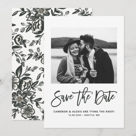 Vet Modern Calligrafie Floral Foto Save The Date (Voorkant / Achterkant)
