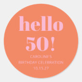 Vet Modern Eenvoudig Sinaasappel Roze 50ste Verjaa Ronde Sticker (Voorkant)