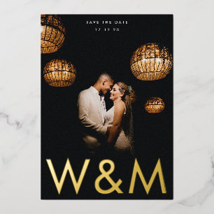 Vet Modern Goud Foto Monogram Save The Date Folie Uitnodiging