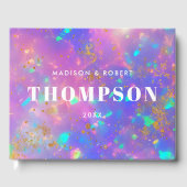 Vet Modern Goud Opaal Monogram Roze Huwelijk Gastenboek (Voorkant)