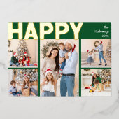 Vet Modern Groen Acht-foto Happy Gold Folie Feestdagenkaart (Voorkant)