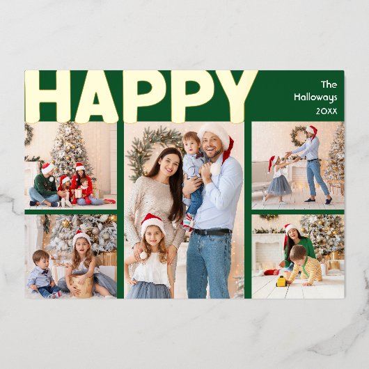 Vet Modern Groen Acht-foto Happy Gold Folie Feestdagenkaart (Voorkant)