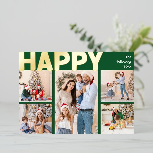 Vet Modern Groen Acht-foto Happy Gold Folie Feestdagenkaart (Staand Voorkant)