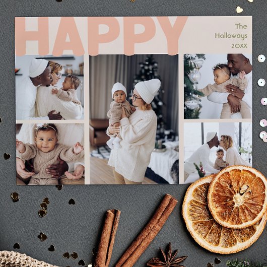 Vet modern koraal jaar in de Review acht foto Happ Feestdagenkaart