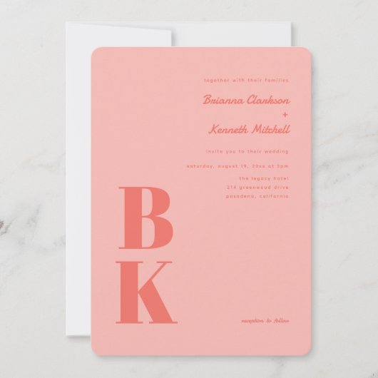 Vet Modern Koraal met Roze Monogram Trouwen Kaart (Voorkant)