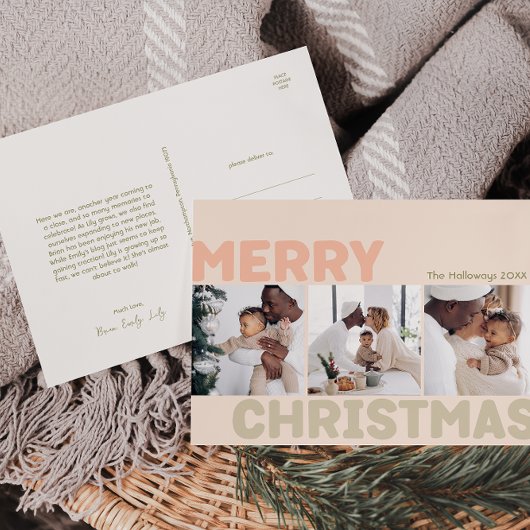 Vet Modern Koraal Vrolijk Kerstmis Drie Foto Feestdagenkaart