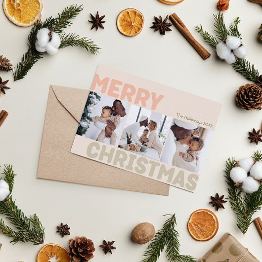Vet Modern Koraal Vrolijk Kerstmis Drie Foto Feestdagenkaart