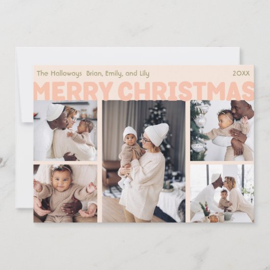 Vet Modern Koraal Vrolijk Kerstmis Vijf Foto Feestdagenkaart (Voorkant)