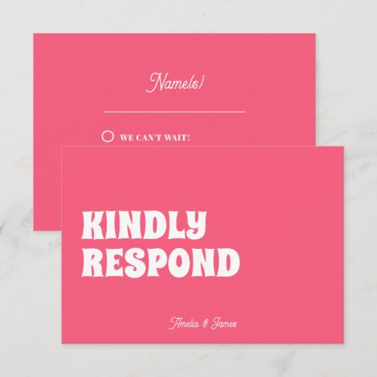 Vet modern Retro Funky Helder roze bruiloft RSVP Kaartje (Voorkant / Achterkant)