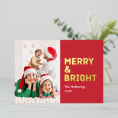 Vet Modern Rood Één Foto Vrolijk en Helder Goud Folie Feestdagenkaart (Staand Voorkant)